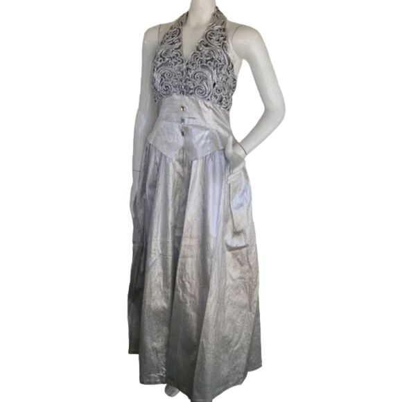 JESSICA McCLINTOCK Gown/Dress, XS/S, Silver Lame, Halter, Embellished Bustline - Picture 4 of 14
